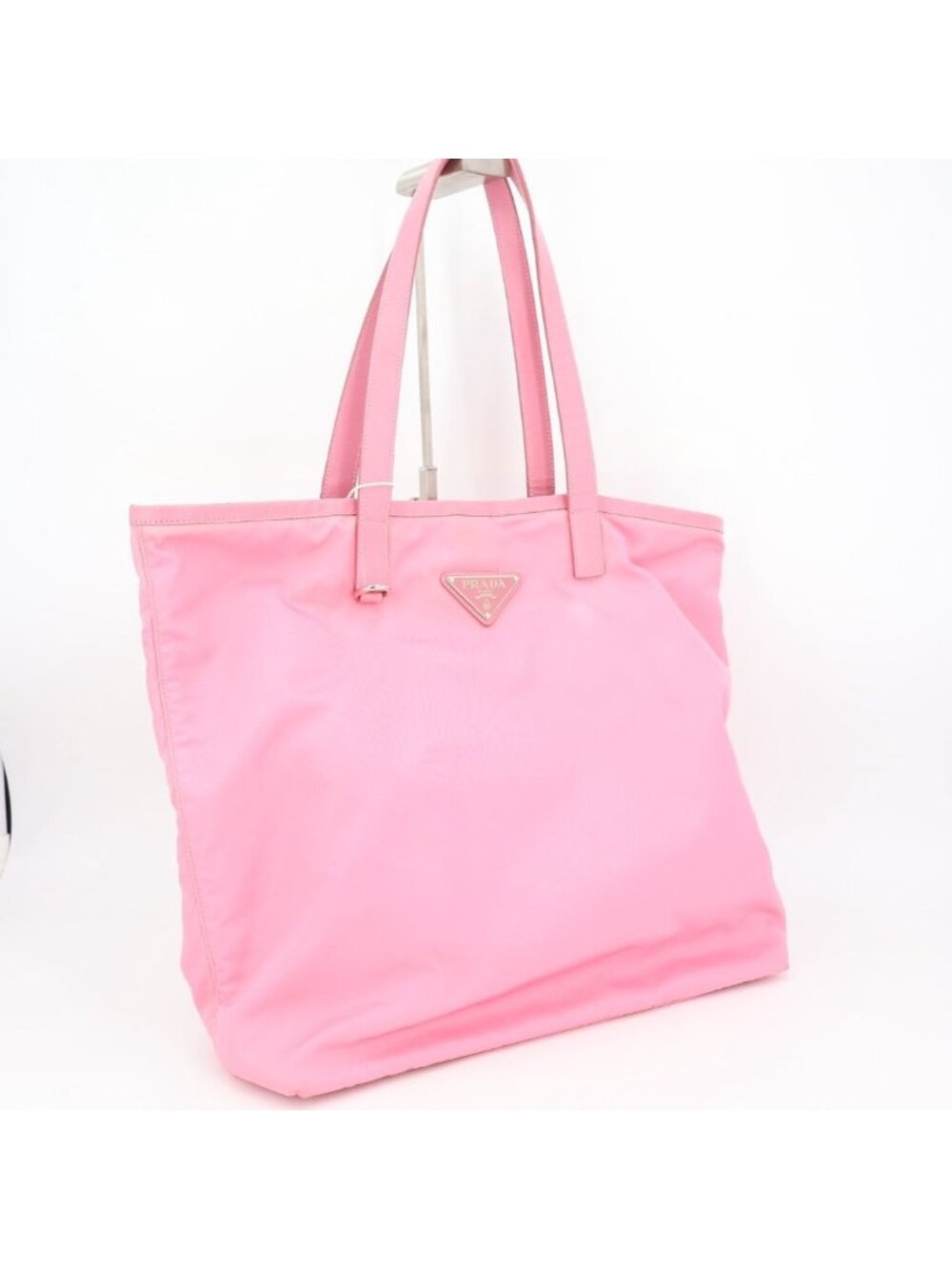 Prada Nylon Tote Bag Partial Leather Big Triangle Plate Pink